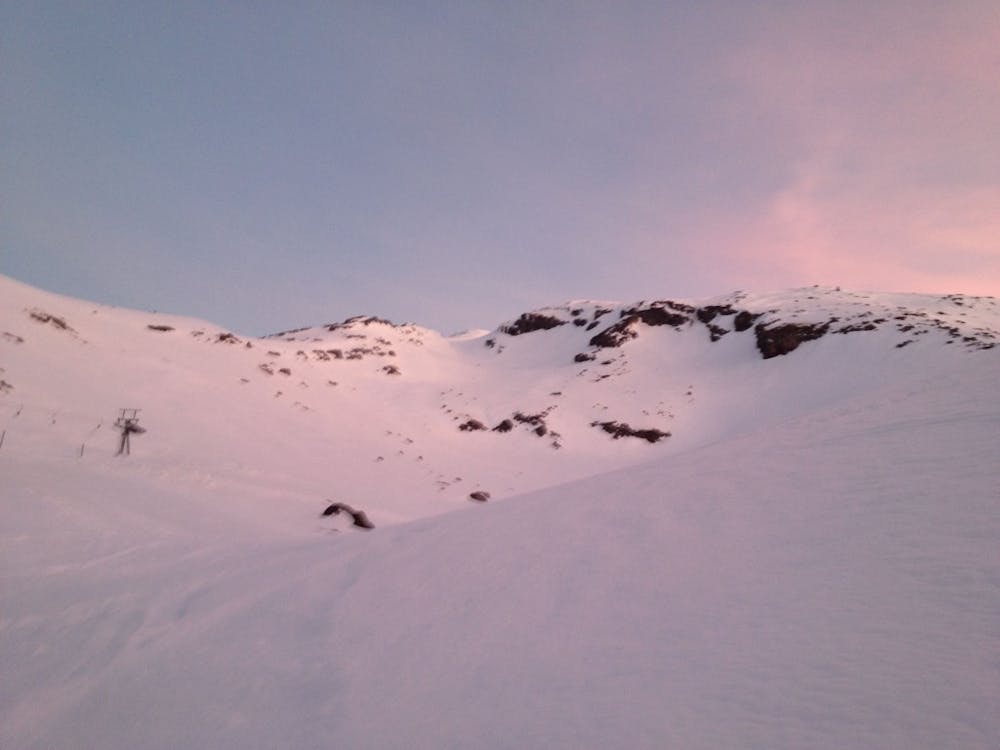 Looking back up at the line in sunset alpenglow