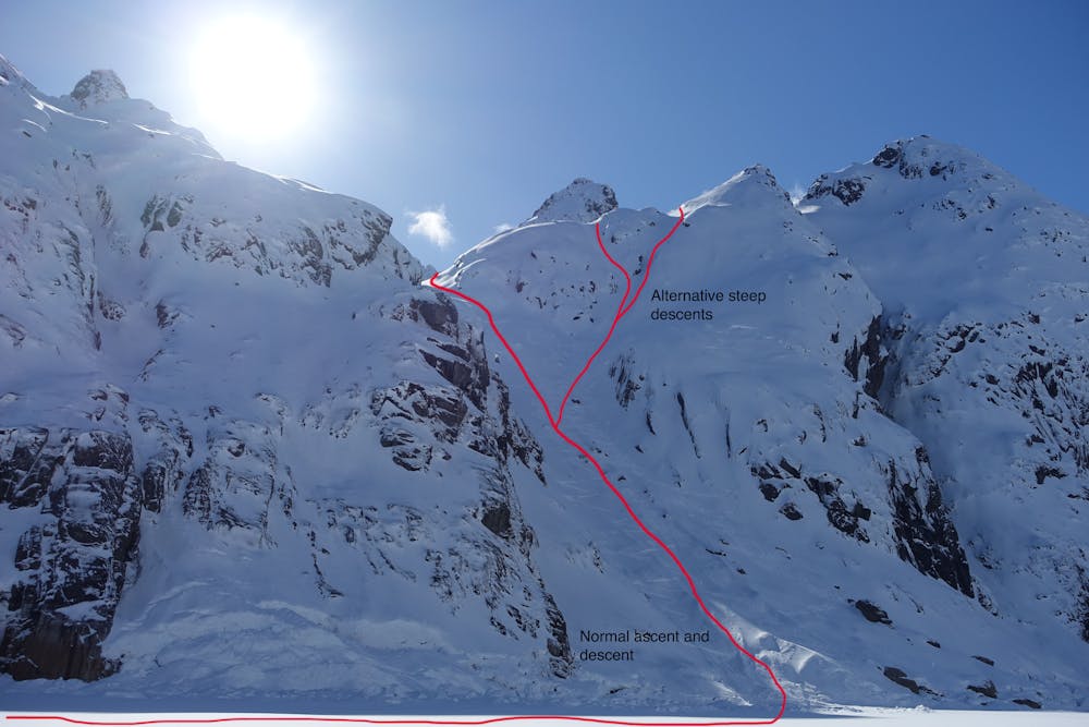 The ski lines on the north side of Trolltinden 