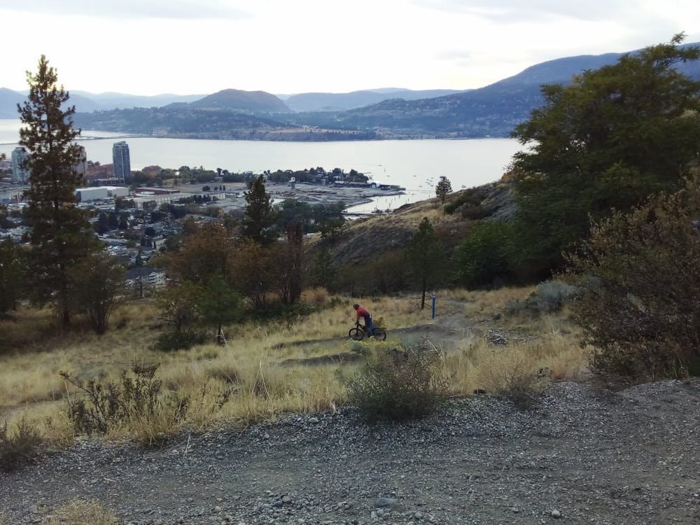 Looking down the lower section, with Kelowna city visible below.
