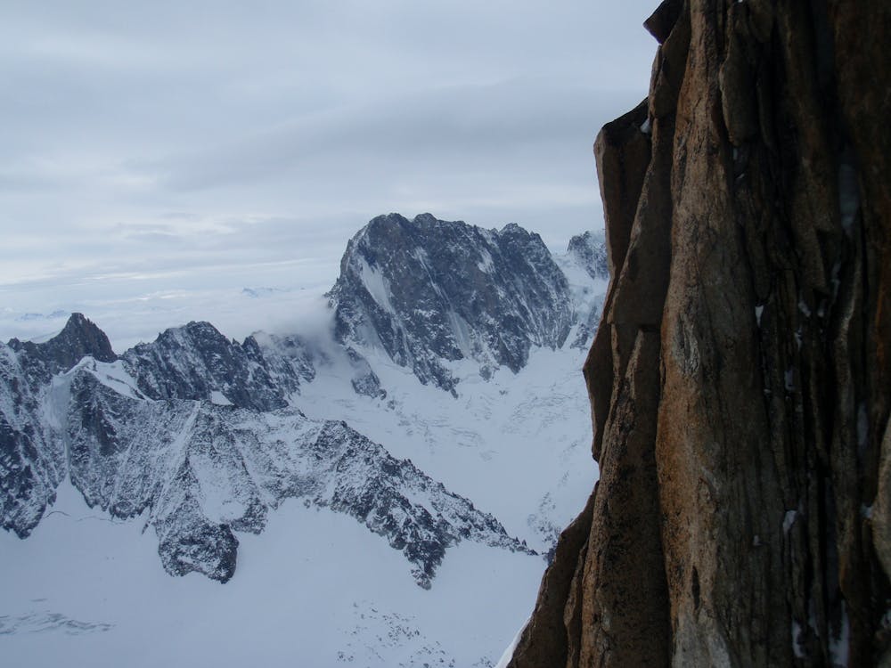 Looking across to the Grandes Jorasses from midway up the route.