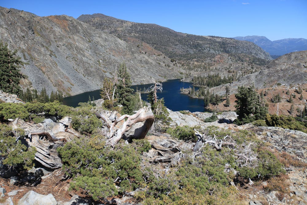Heather Lake, viewed from the Pacific Crest/Tahoe Rim Trail south of the junction with Glen Alpine Trail.