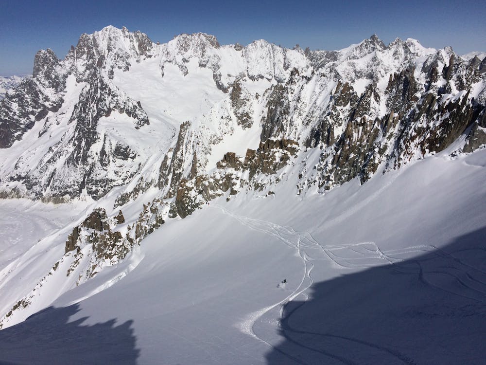 Traversing the upper serac. Spectacularly exposed, very mellow skiing.