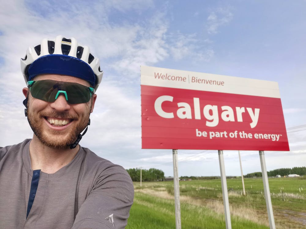 Author after reaching Calgary city limits near end of ride