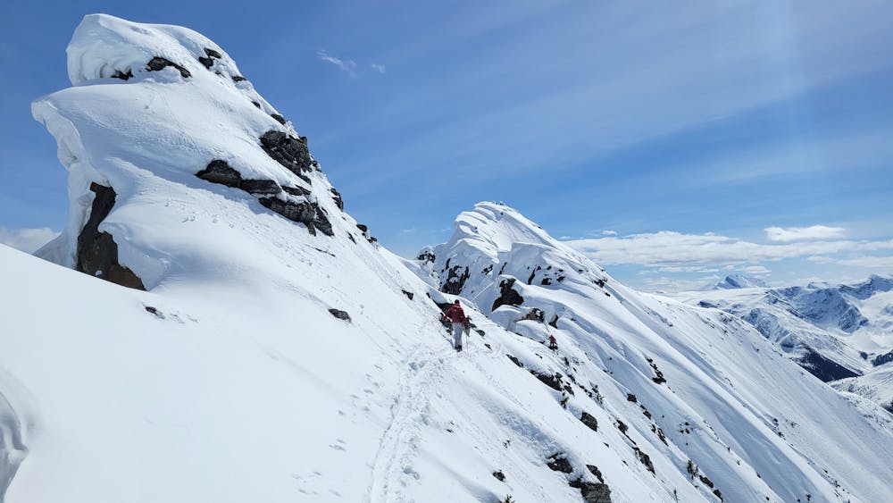 Approaching the entrance to the line via the summit ridge.