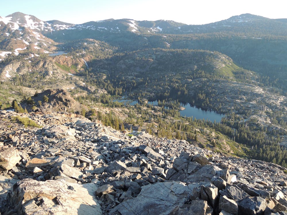View of Susie Lake and a waterfall from the PCT