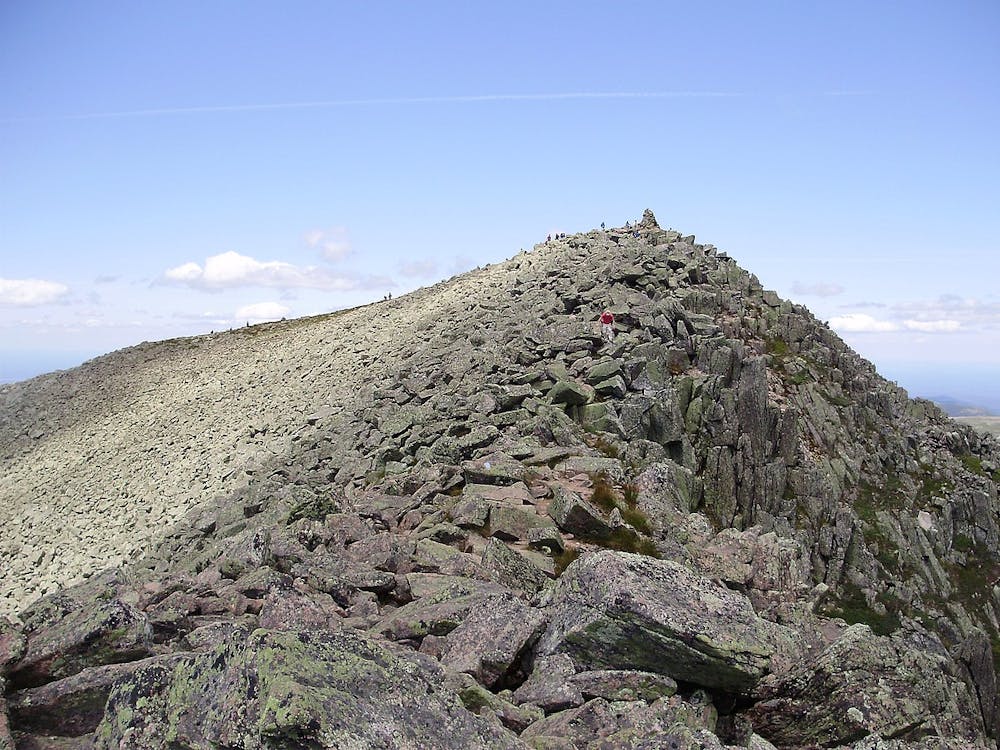 View northwest along Mount Katahdin's Knife Edge Trail towards Baxter Peak from a point about 0.8 miles west of Pamola Peak in Baxter State Park