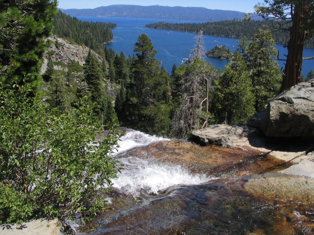 Lower Eagle Falls and a view of Emerald Bay below.