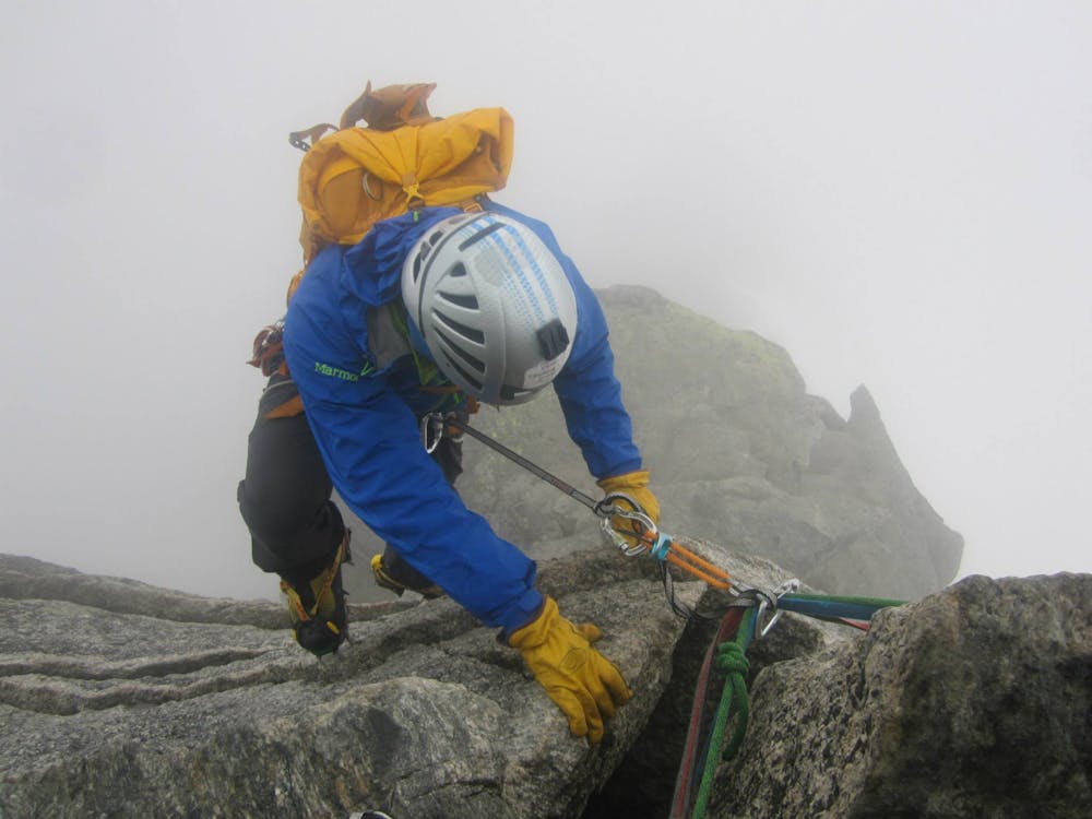 Abseiling in the mist on the way down the 10 metre wall.