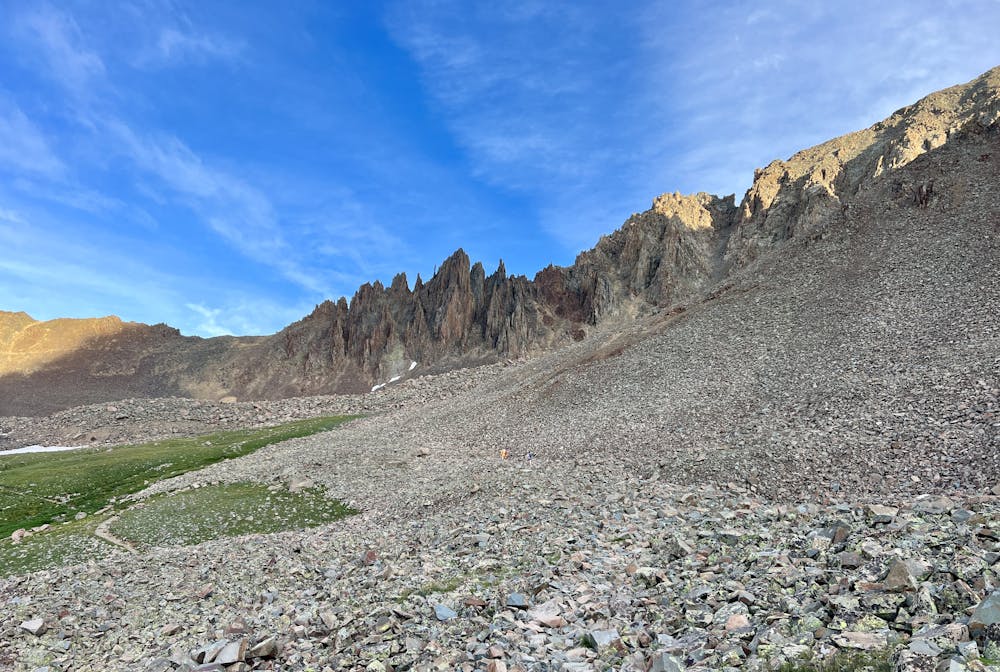 Looking up the scree field at the southwest ridge.