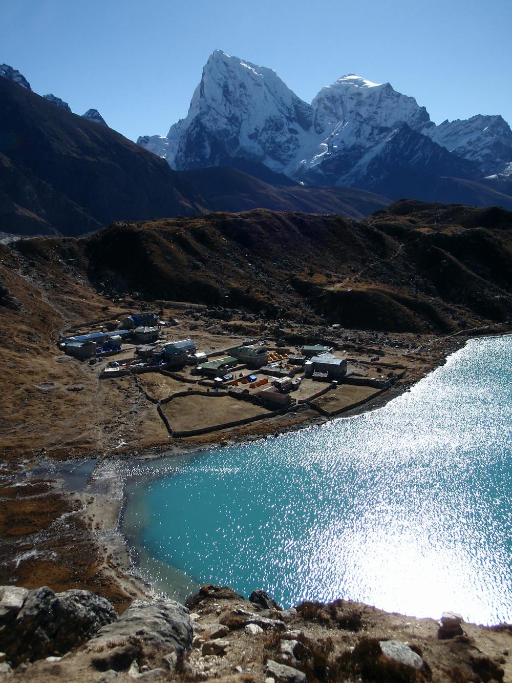 Looking down on Gokyo village on the descent from Gokyo Ri
