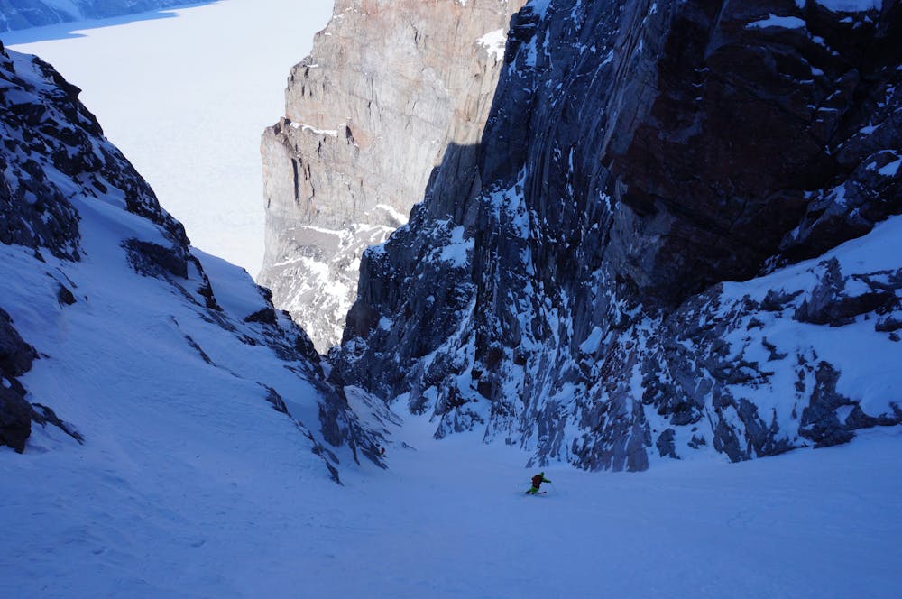 In the middle section of the lower part off the couloir.