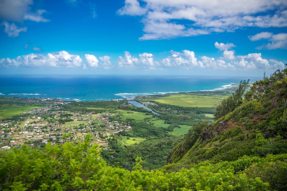Looking down on Wailua and out to the ocean on the way up
