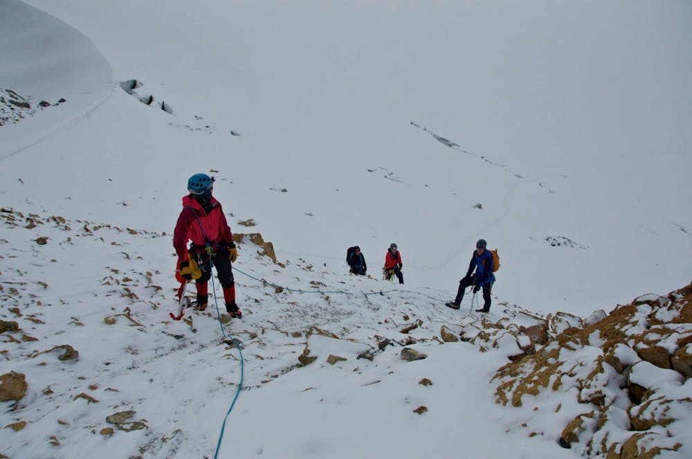 The climb off the glacier onto the ridge
