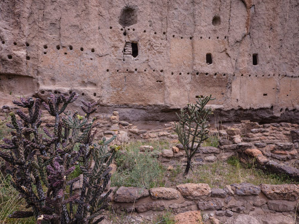 Ground level foundations backed up by cliff dwellings.