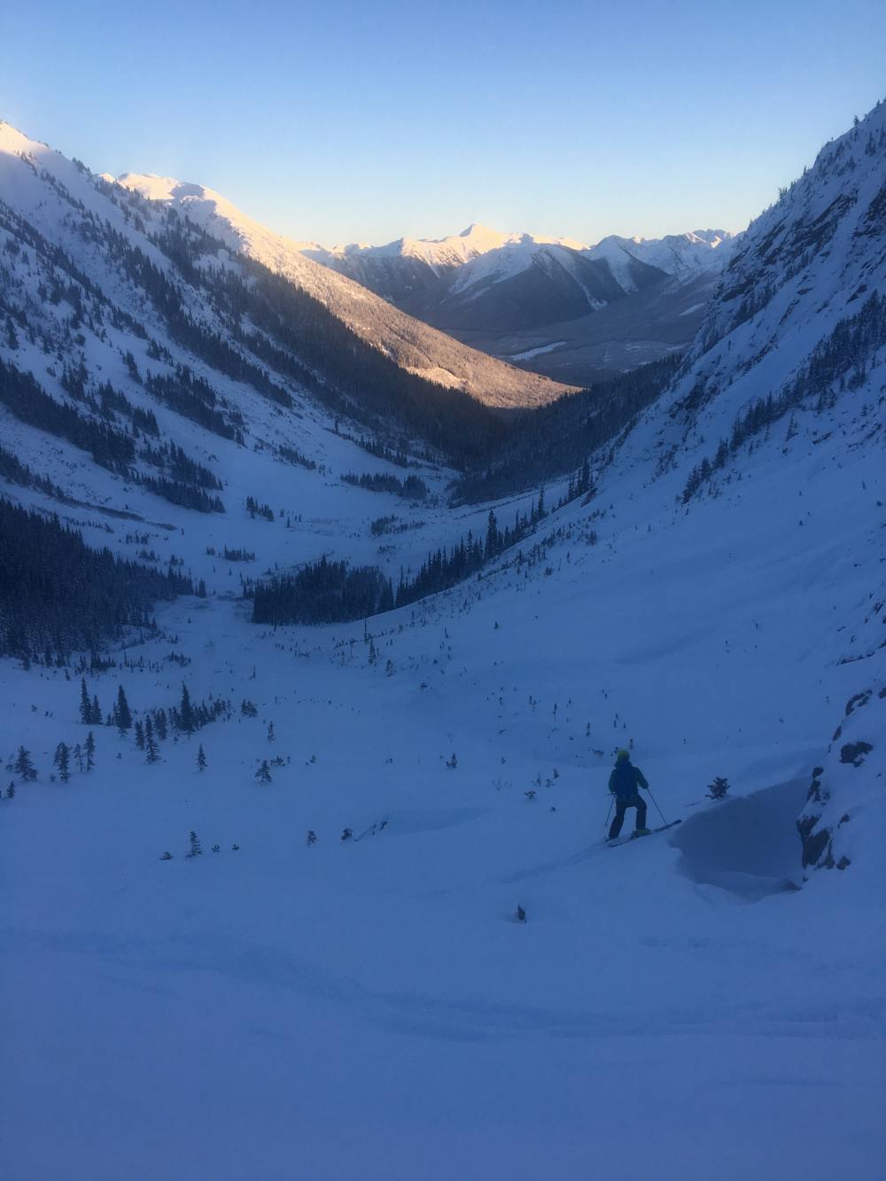 Skiing out of the drainage towards Cayoosh Creek