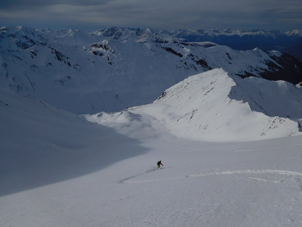 The reward for all the effort - a fabulous ski down into the valley that leads to the Kemater Alm.