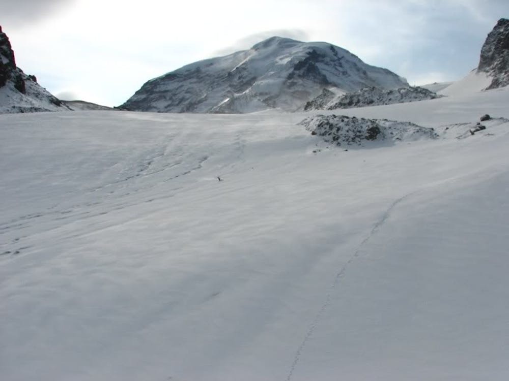 Laying early season tracks down the Flett Glacier