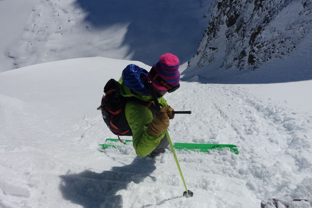 Skiing into the exit couloir 