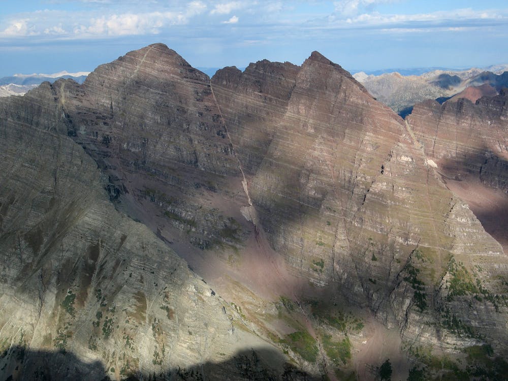 Most of the route is visible here, including the 1st gully (lower right), 2nd gully, (center right), and the Northeast Ridge