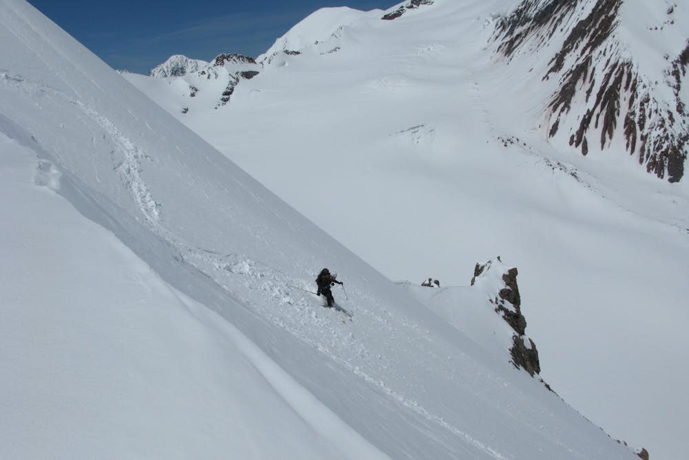 Andi Riesner during the first recorded ski descent of the NE face of Ortsveri