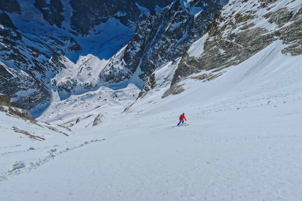 Skiing an open section of the couloir