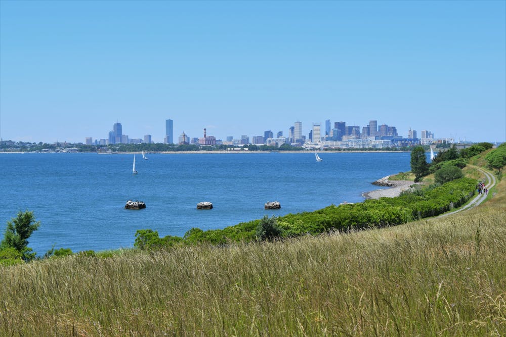 The distant Boston skyline from the Island