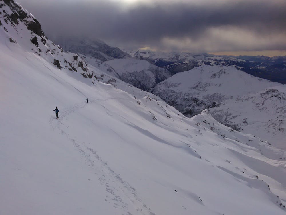 Beautiful mid-winter light on the final traverse into the Brêche.