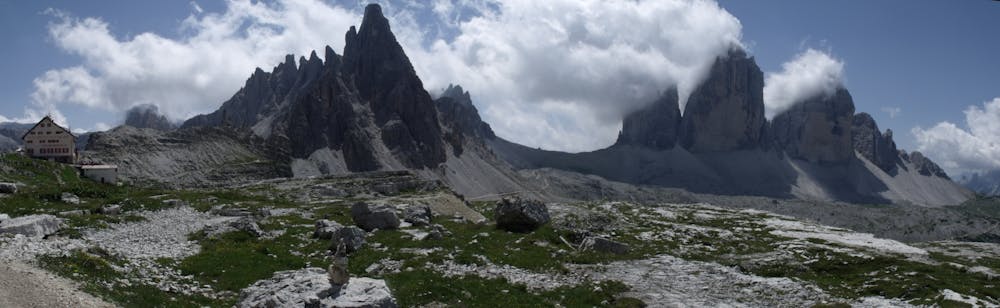 The Rifugio Locatelli with the north faces of the Trees Cime to the right