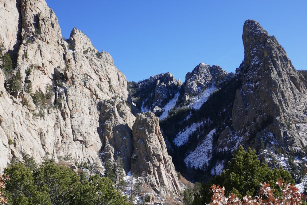 Snowy rock towers seen from La Luz Trail