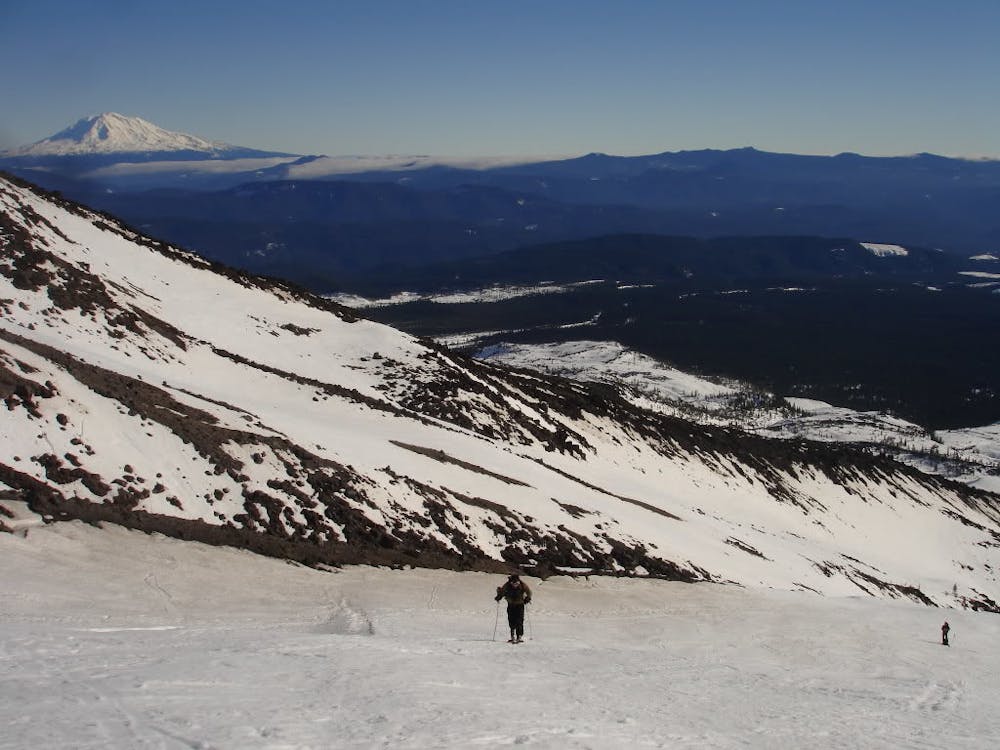Climbing up the Swift Creek Drainage with Mount Adams in the background