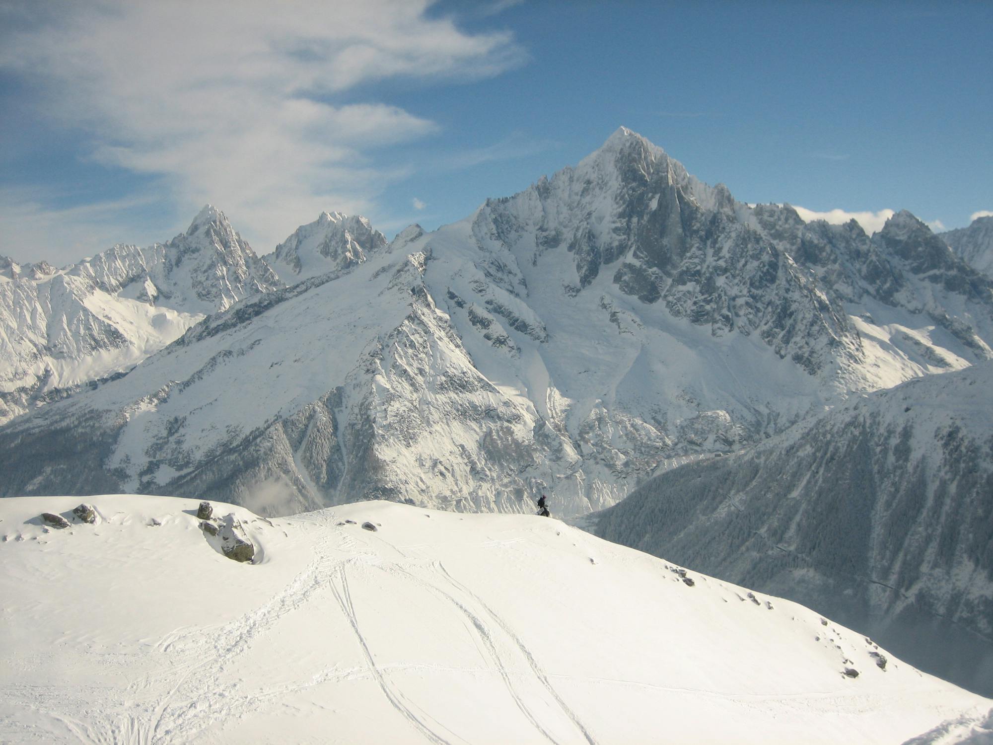 The ridge just above the Hotel Face, Grands Montets in the background