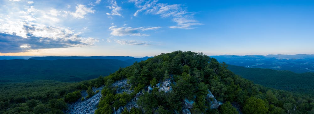 An aerial panorama of Duncan Knob and the Massanutten Range, located in the George Washington National Forest, in Page County Virginia.