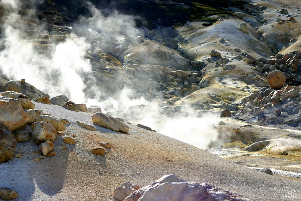 Steam rising from the ground in Bumpass Hell