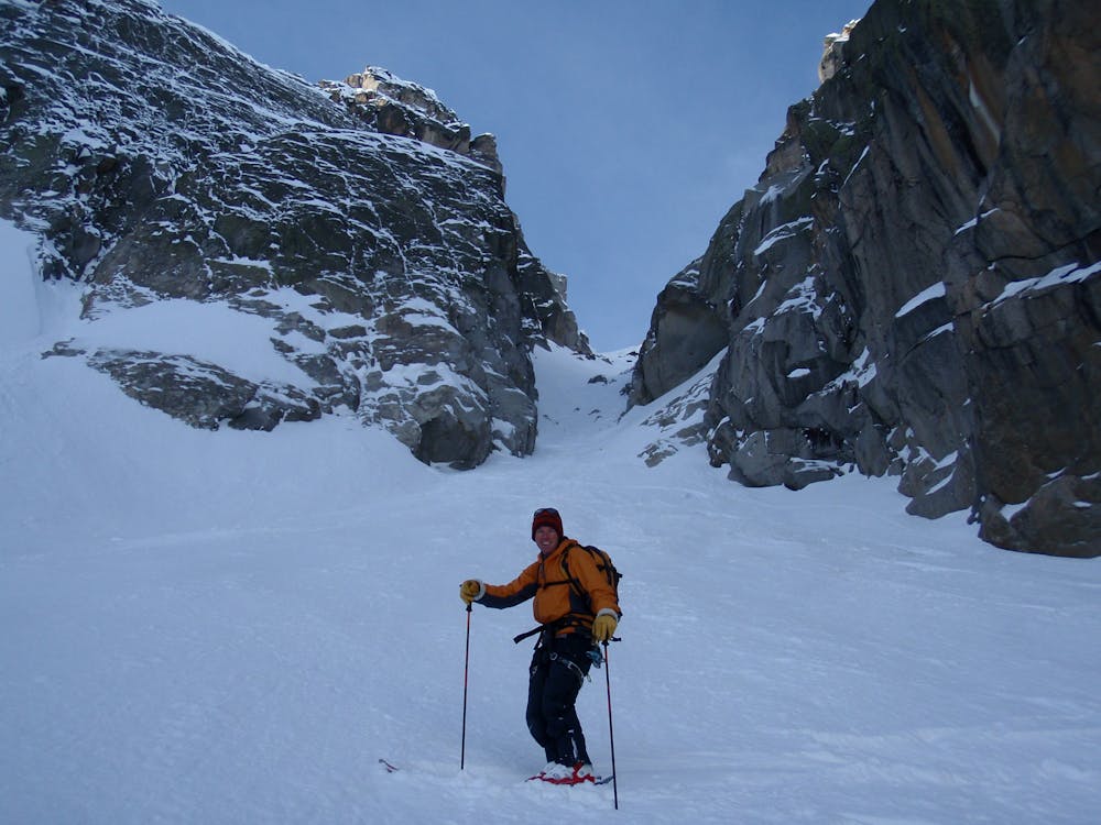 Out of the main couloir and onto the mellower slopes above the Mer de Glace.