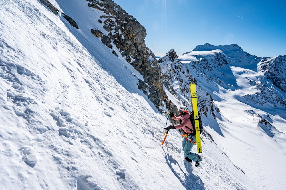 Booting up the South couloir of Grand Zebru