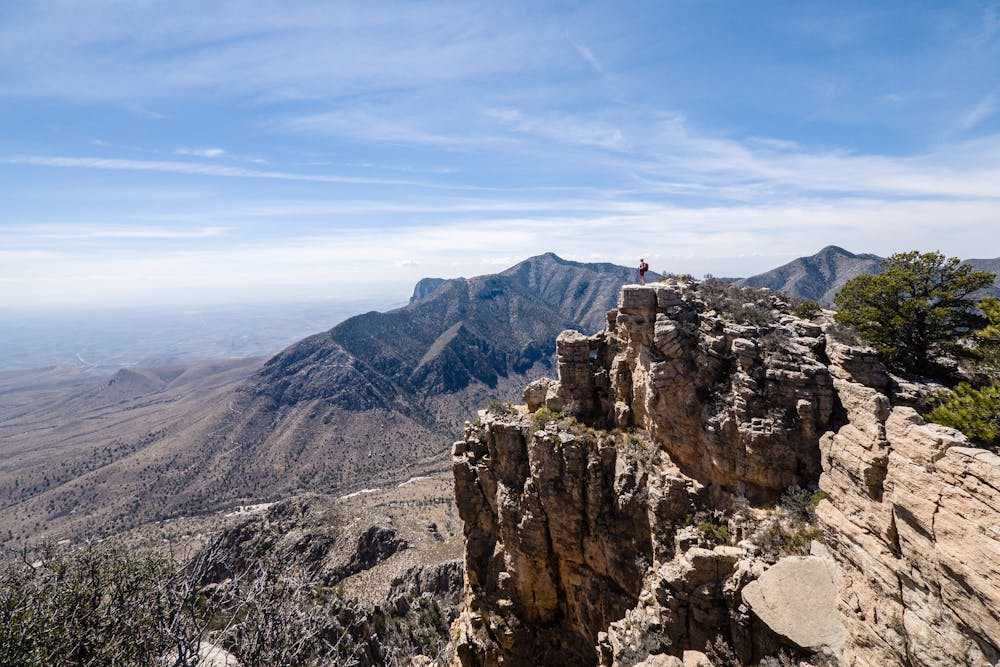 This outcrop is a neighbor to the Hunter Peak summit. In the distance you can see Guadalupe Peak, the highest point in Texas.