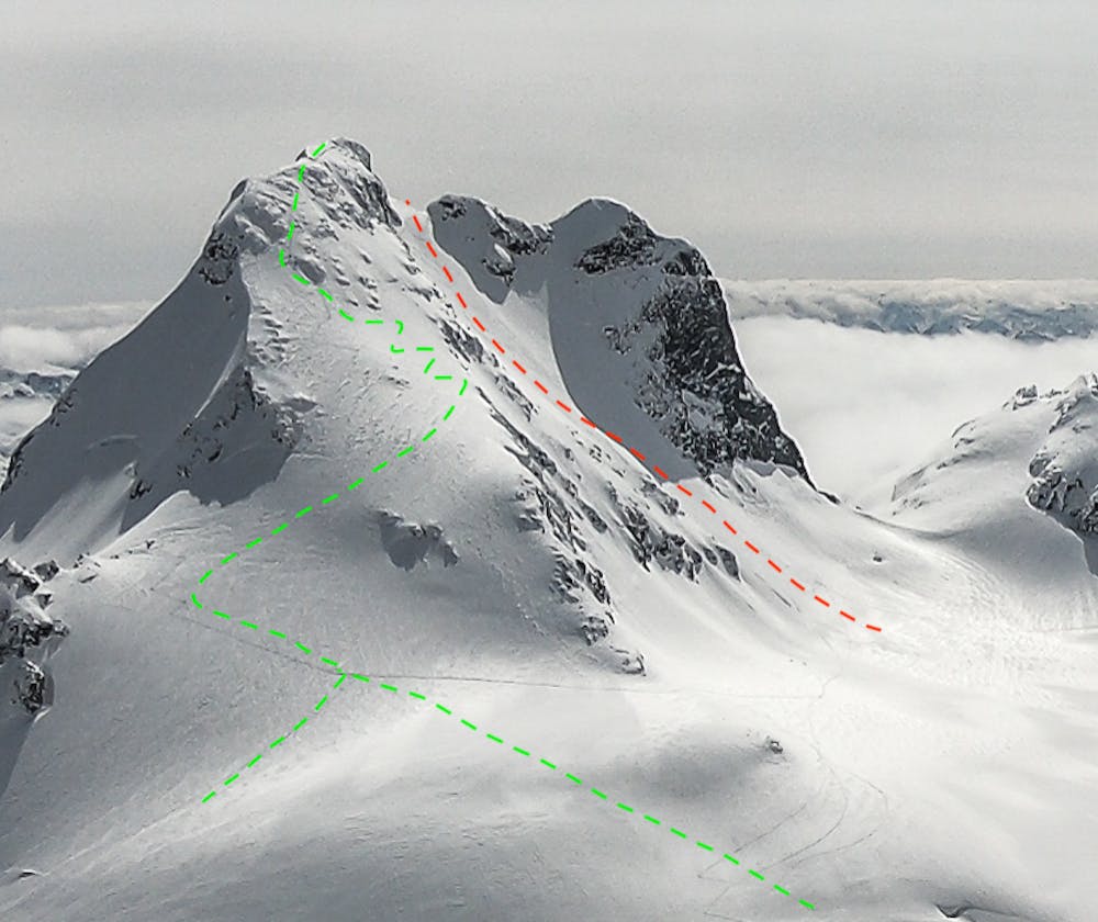 Ascent and descent line for Matier's NW Face as seen from Mt. Joffre.