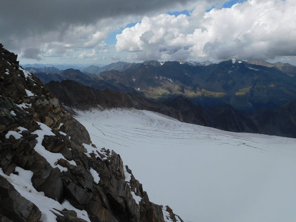 Moody views down to the Sulzenauferner Glacier from just below the summit of Zuckerhütl