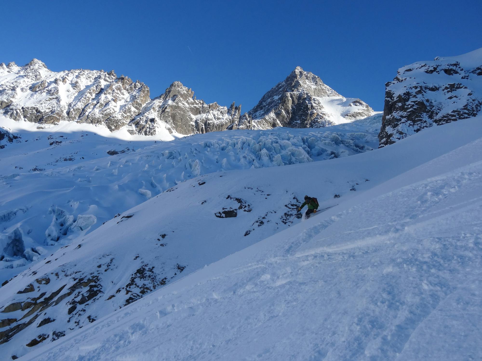 Incredible skiing and fantastic ambience below the Trient Glacier.