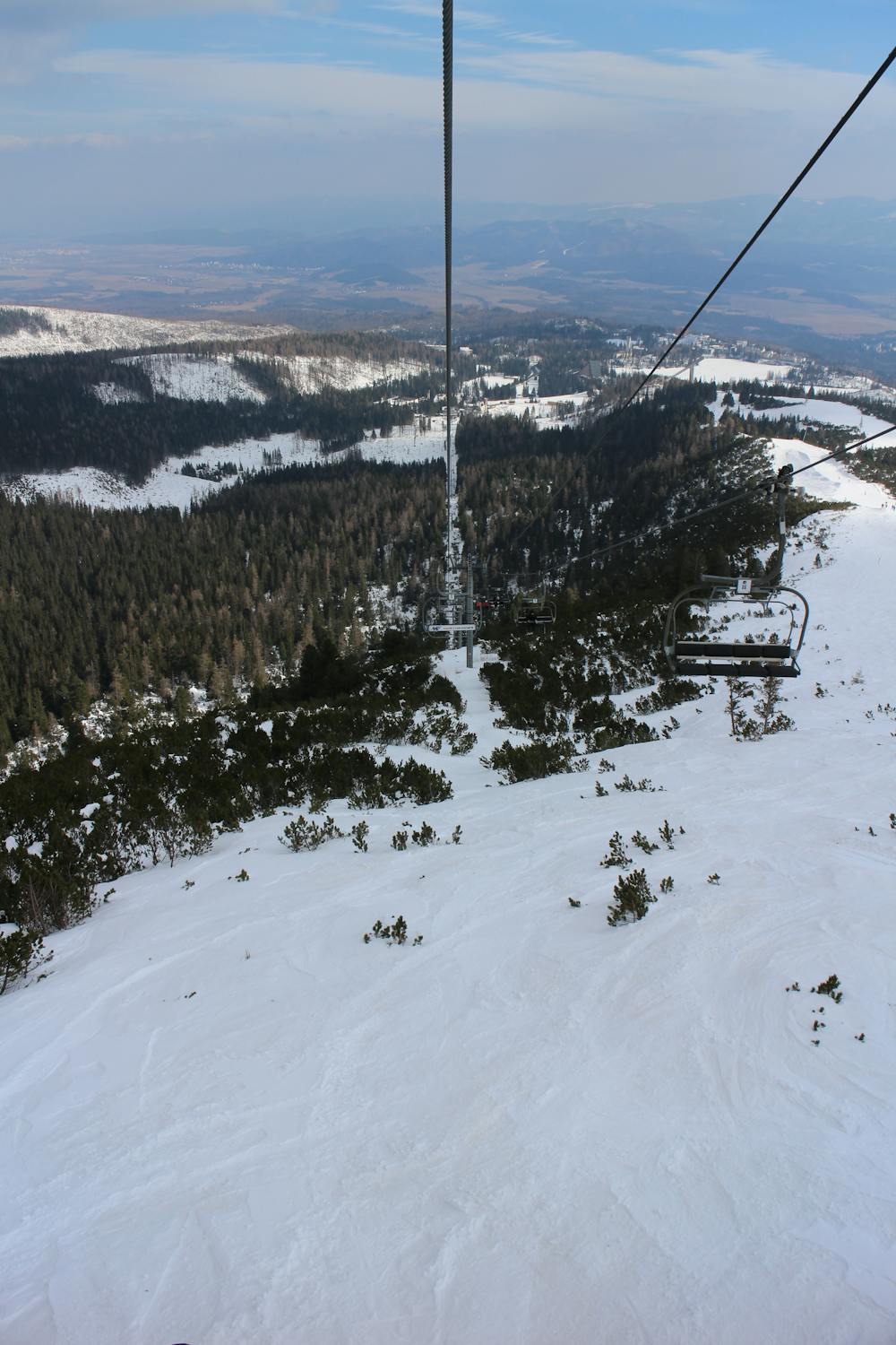Looking down the chairlift towards Strbské Pleso