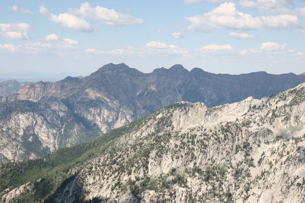 View of the Twin Peaks from the Lone Peak Wall. Right below is the Bell Canyon, next is the Little Cottonwood Canyon.