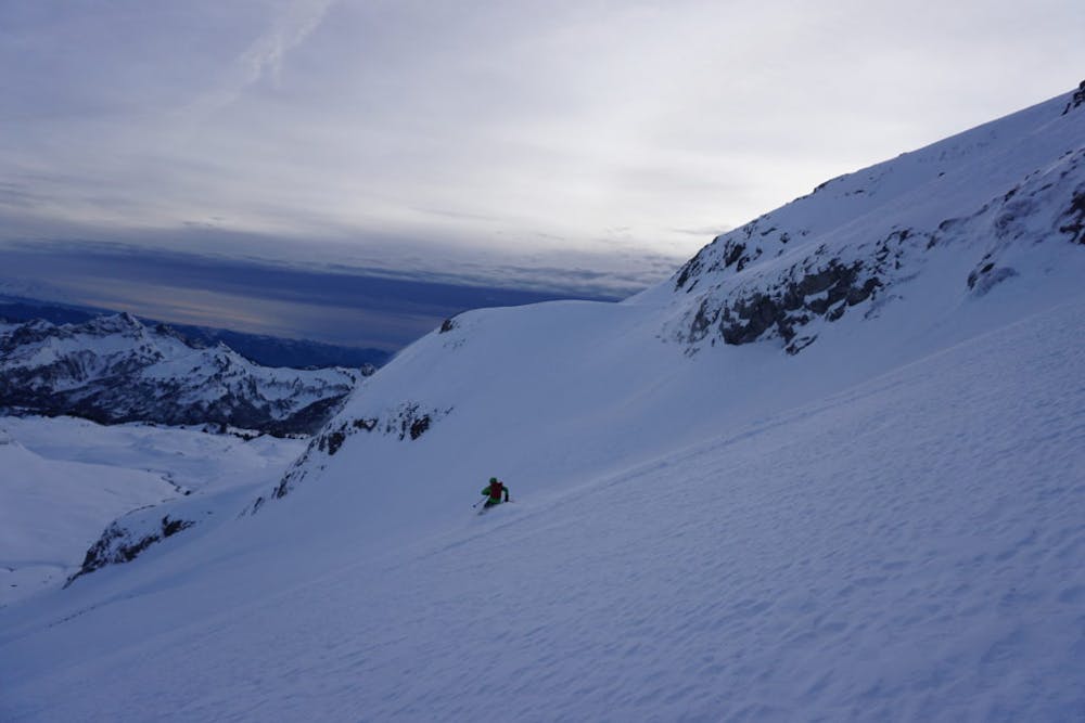 Skiing down the lower slopes of the Paradise Glacier