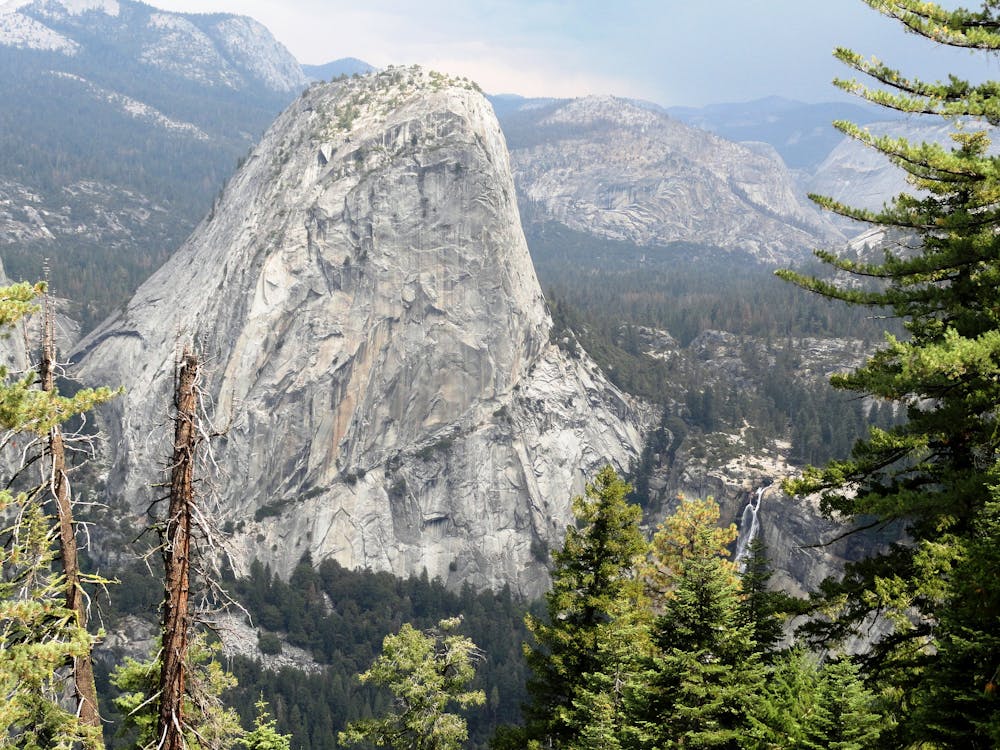 Elevated view of Liberty Cap and Nevada Fall from Panorama Trail