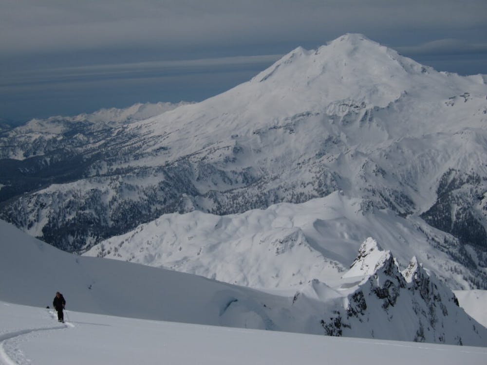 Heading up the Hanging Glacier with Mount Baker in the background
