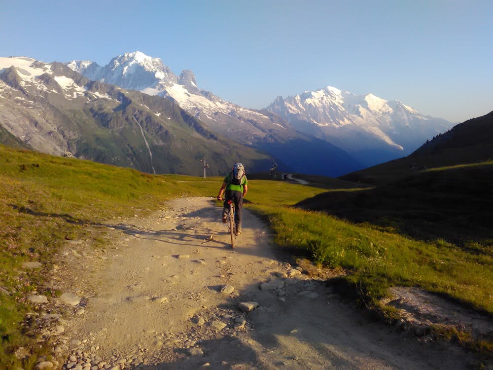 Cruising down to Le Tour with Chamonix valley lit by the beautiful evening sunshine.