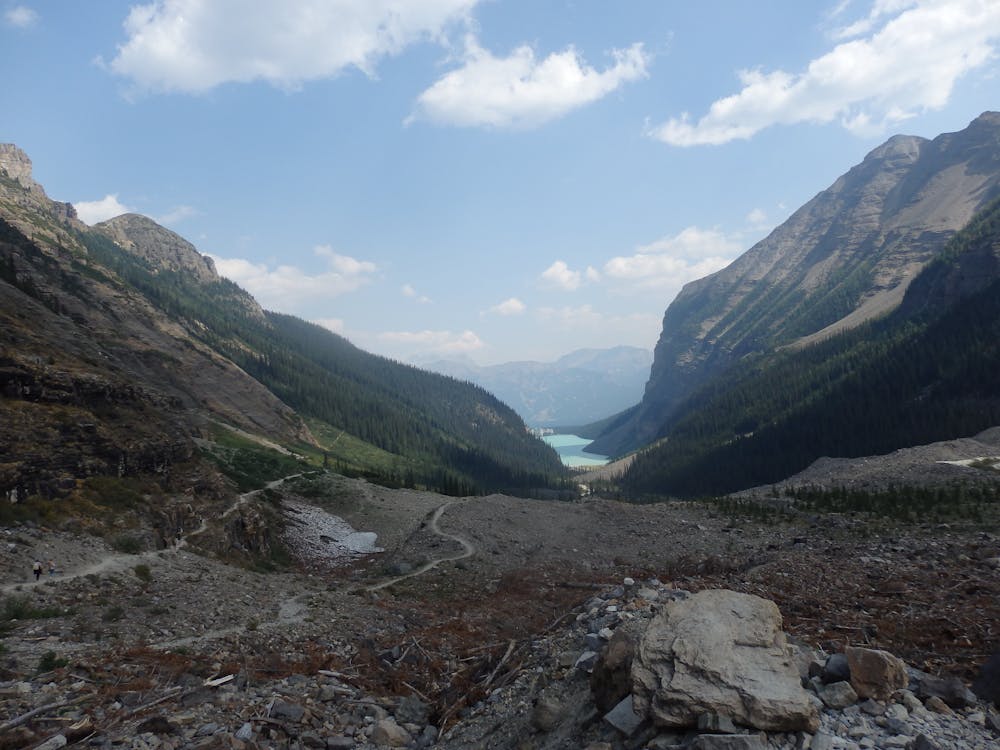 Looking back at Lake Louise from the Plain of Six Glaciers