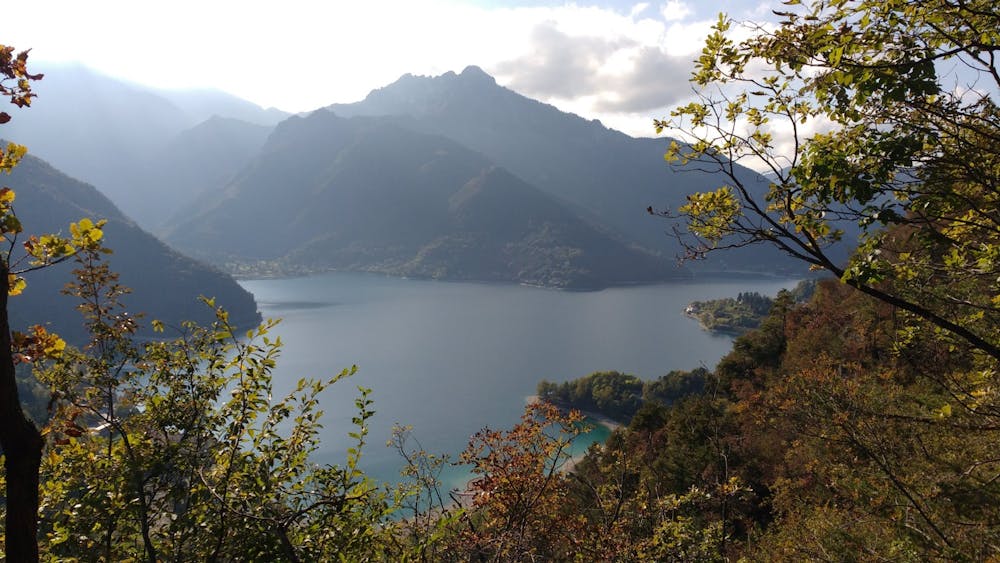 Looking down on Lago di Ledro from high in the trees en route to the madonna