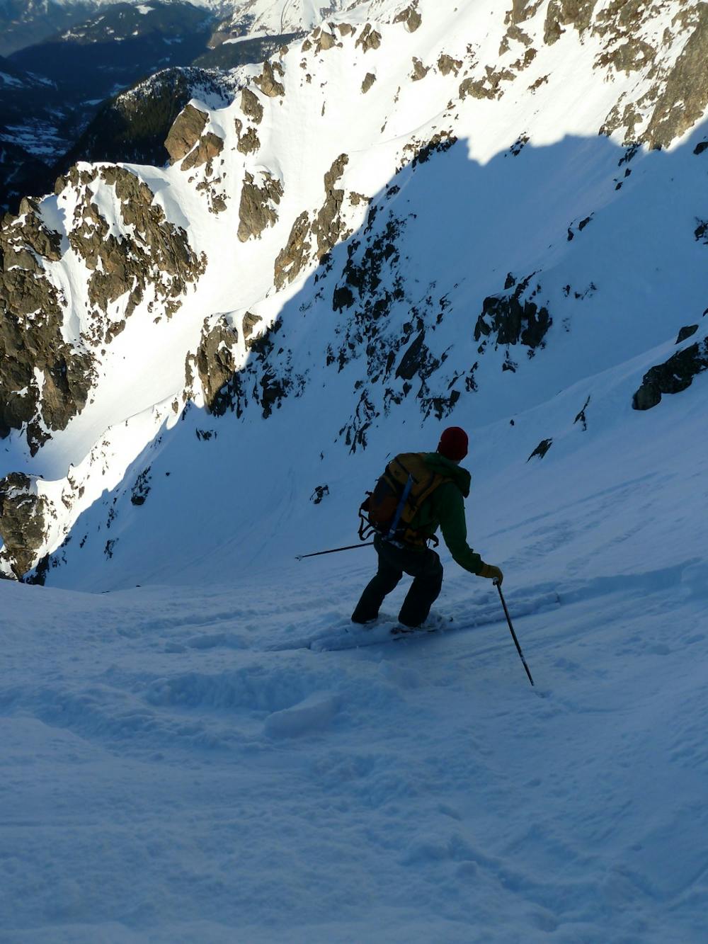 Edging into the start of the couloir itself.