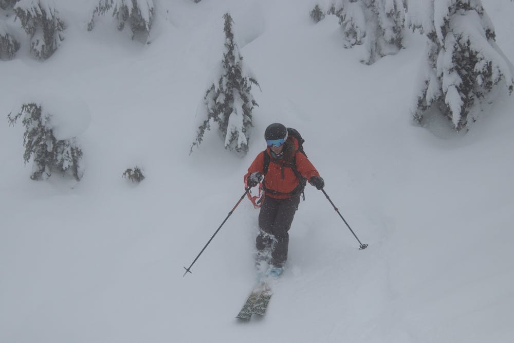 A skier coming down Christmas Gulley