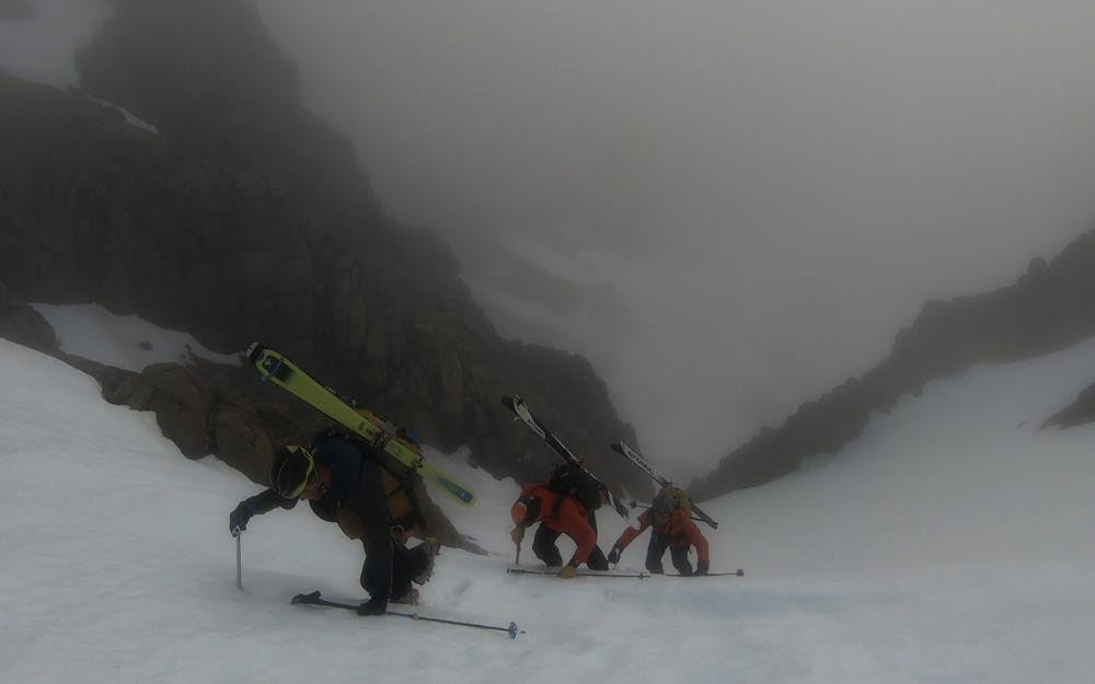 The team Boot Packing back up East Gully back up to Braeriach using axe and crampons